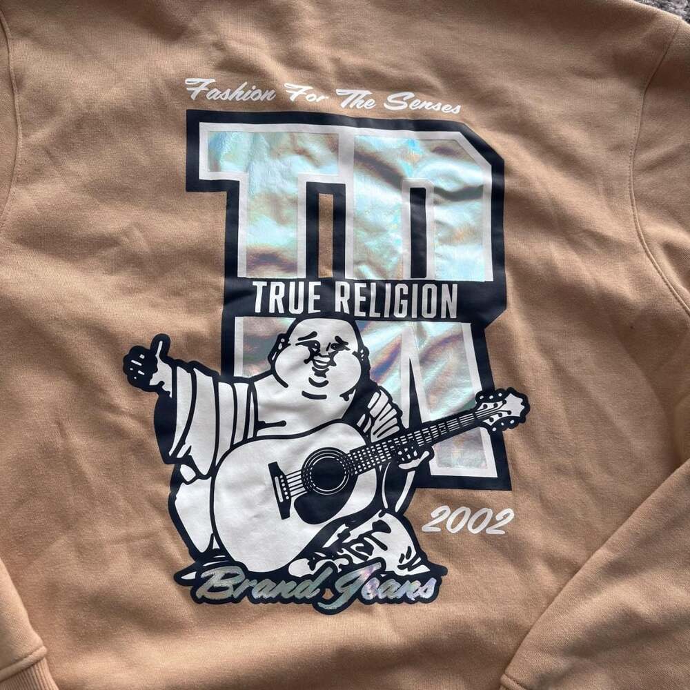 True Religion Holographic Buddha Graphic Tan Zip Up Hoodie Large